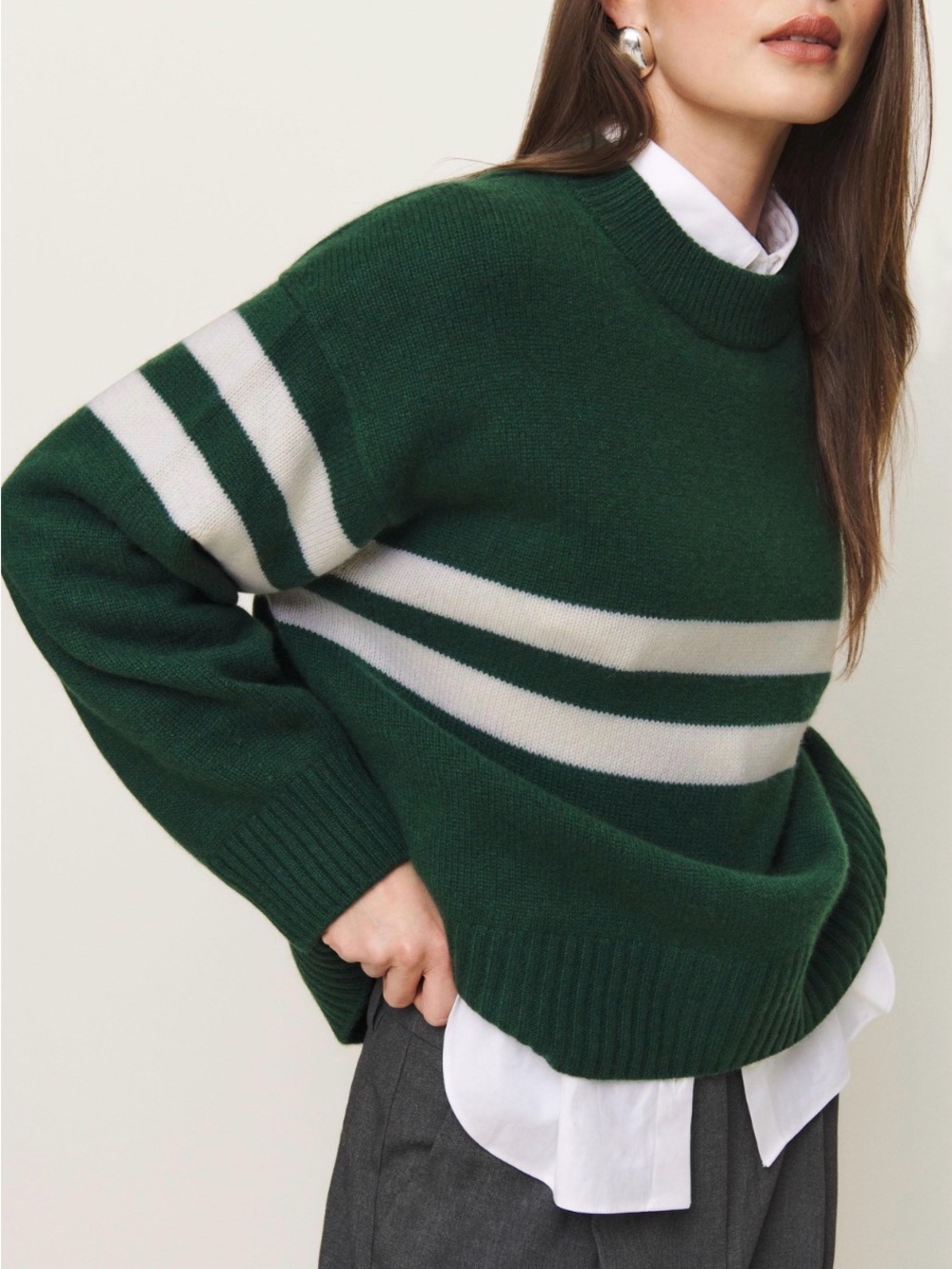Reformation Cove Cashmere Forest Green Striped Crewneck Sweater oversized